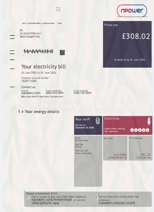 United Kingdom Npower electricity bill in PSD format